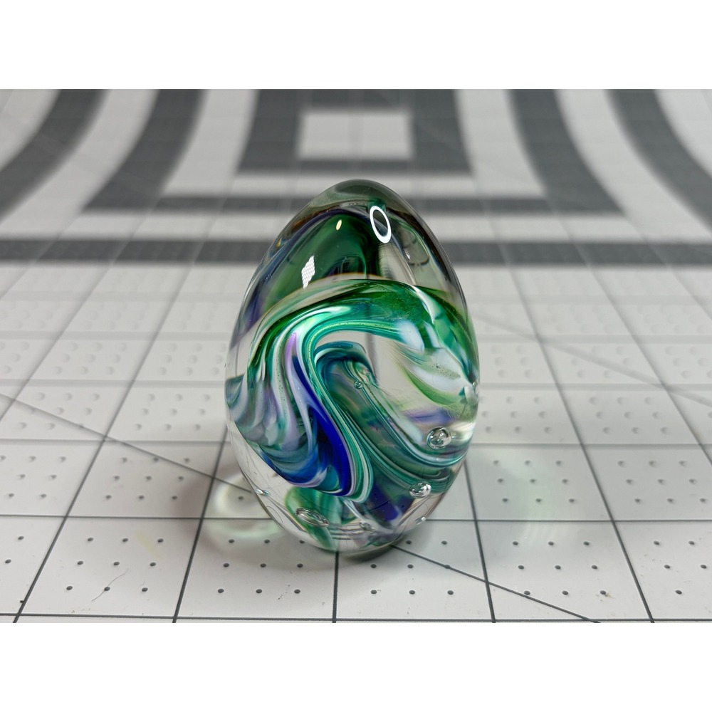 Vintage 1999 BPS Brad P Shute Signed Art Glass Egg Paperweight Green Blue White